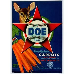 DOE Carrots Vegetables Crate Label Female Deer Baseball 1940s Vintage Original
